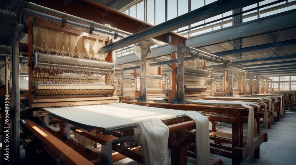 Fototapeta premium A textile manufacturing facility's weaving room, creating intricate patterns on fabric
