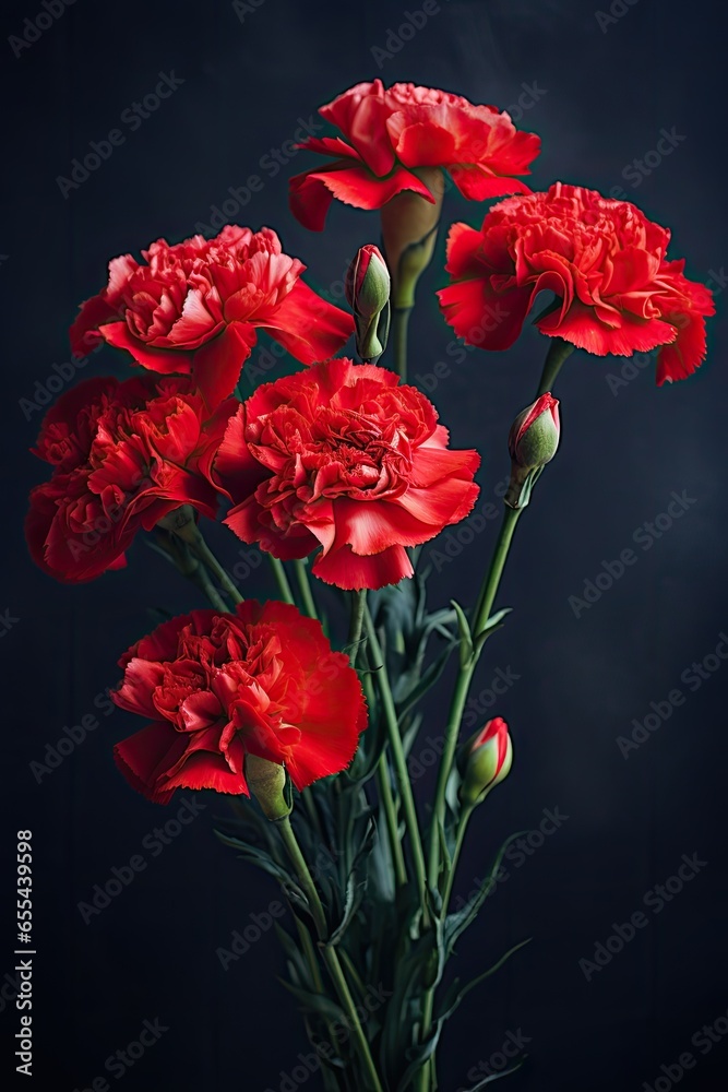 Fototapeta premium Saturated red carnations on a dark gray studio blurred background.