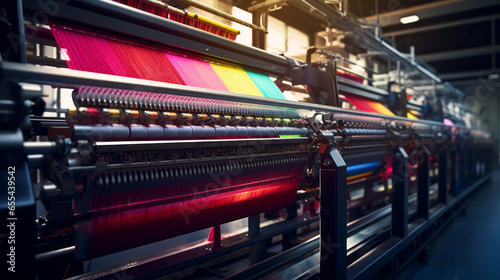 A textile manufacturing plant, weaving colorful fabrics on large looms photo