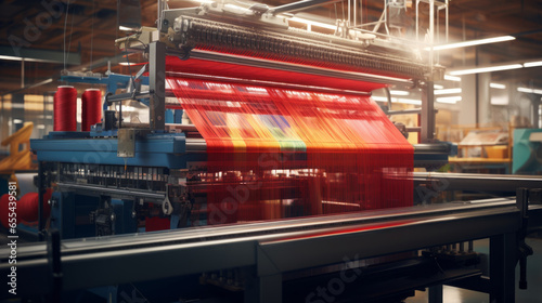 A textile manufacturing plant, weaving colorful fabrics on large looms