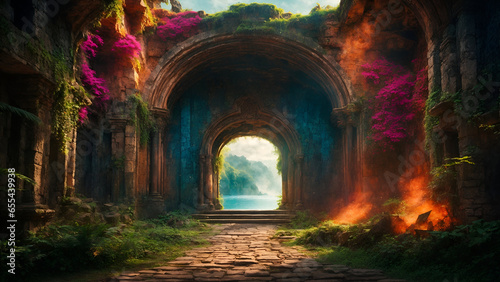 vibrant ruined temple archway