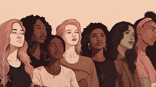 Illustration of a diverse group of women creating inclusion for other women. Female group of friends. The future is female. AI generated illustration of girls. photo