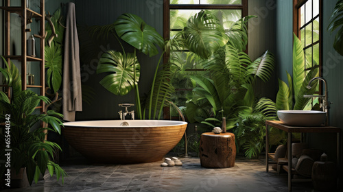 A tropical-themed bathroom with palm leaf wallpaper and bamboo accents