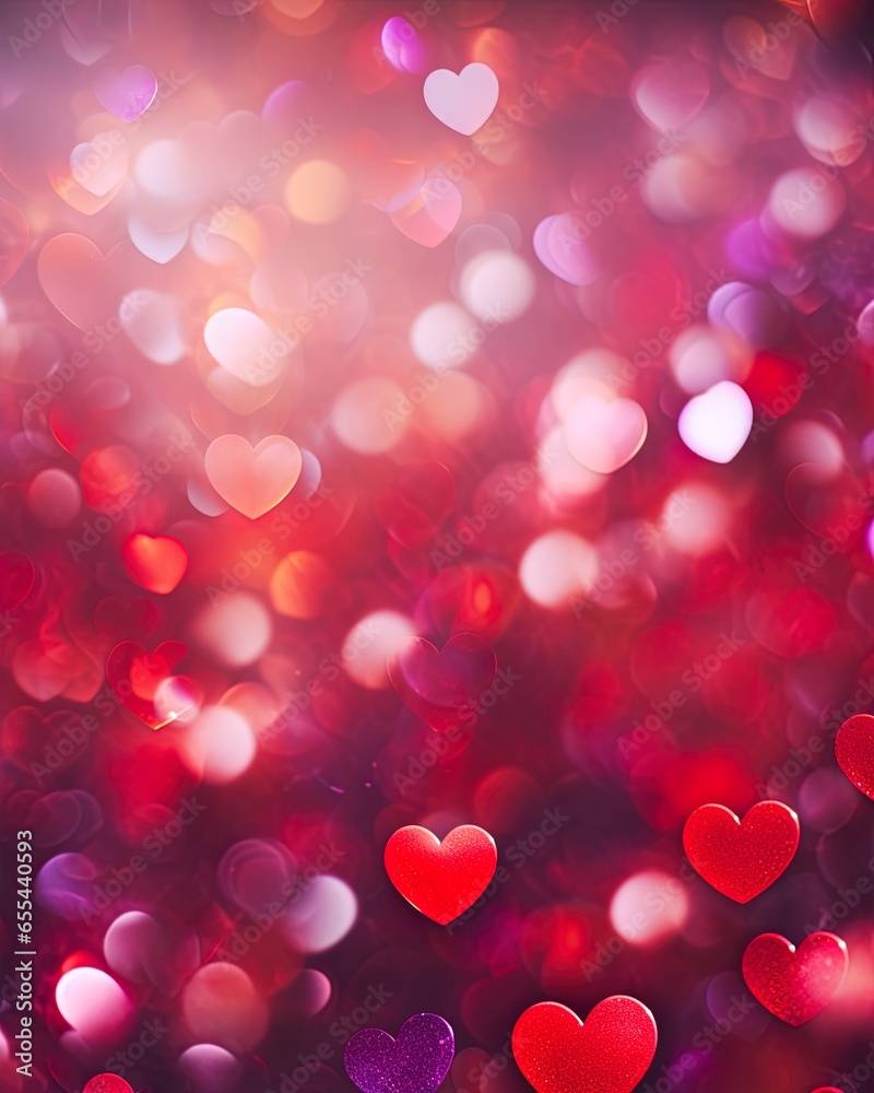 Blurred out valentines hearts abstract background with lots of bokeh and a bright spotlight and a subtle vignette border