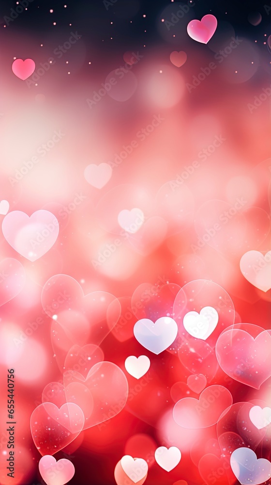 Blurred out valentines hearts abstract background with lots of bokeh and a bright spotlight and a subtle vignette border