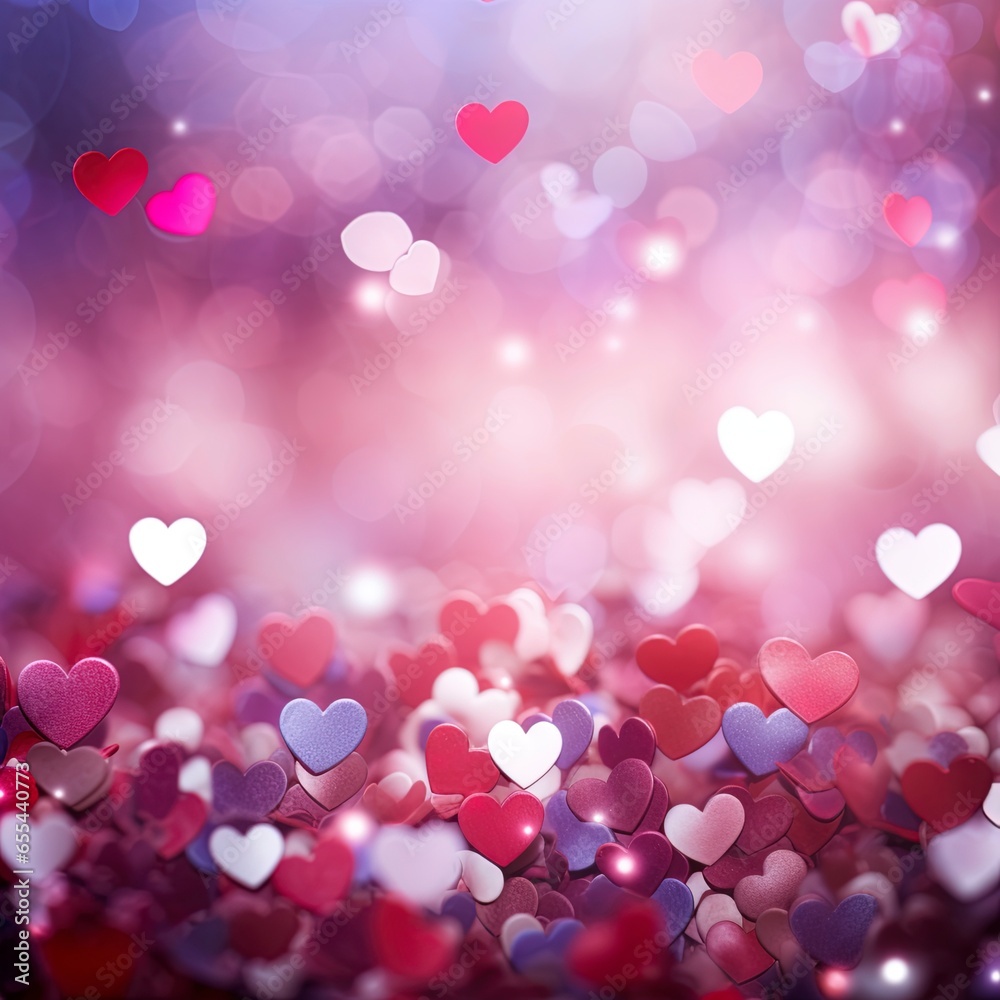 Blurred out valentines hearts abstract background with lots of bokeh and a bright spotlight and a subtle vignette border