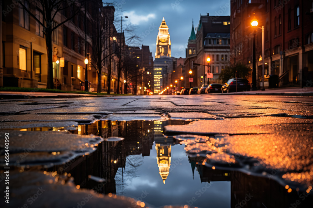 Fototapeta premium Cityscape mirrored in puddle displaying vibrant hues after a stormy rain 
