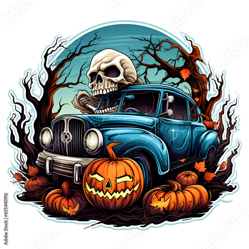 Halloween car with skull and spooky pumpkins photo