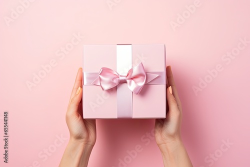 Woman hand holding a pink gift box. Present for birthday, valentine day, Christmas, New Year. copy space