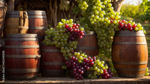 barrels of wine, fresh grapes, winery