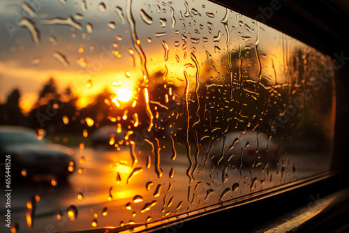 Golden sunset refracting through rain-traced window offering a serene spectacle 