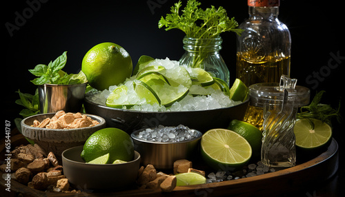 Freshness in a bowl  citrus fruit, leaf, avocado, seafood, tomato generated by AI