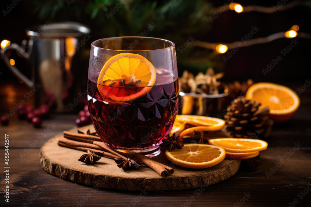 Mulled red wine with spices and citrus fruits. Traditional hot drink at Christmas time. Generative AI Mulled red wine with spices and citrus fruits. Traditional hot drink at Christmas time. Generative AI