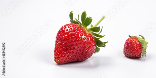 two strawberries on a white surface