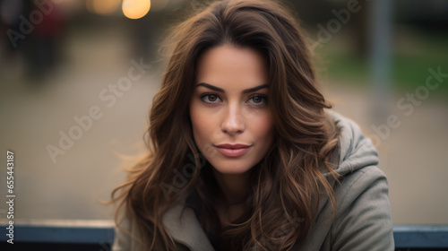 A beautiful woman sitting on a park bench  looking at the camera. 