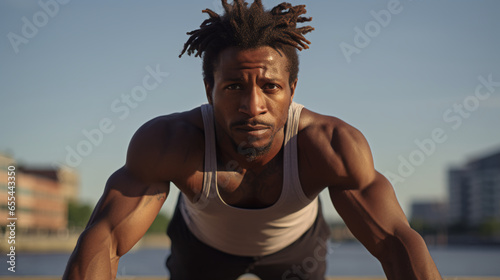 an athlete practices yoga on a city's riverside, his focused expression and the graceful poses capturing the blend of athleticism and mindfulness that urban environments offer