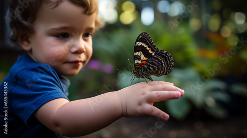 a baby boy captivated by the fluttering wings of a butterfly perched on his tiny outstretched hand, a moment of gentle fascination frozen in time.  photo