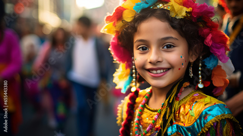 a young girl participates in a city's cultural parade, her excitement and the colorful costumes capturing the way urban spaces become stages for celebrations and festivities