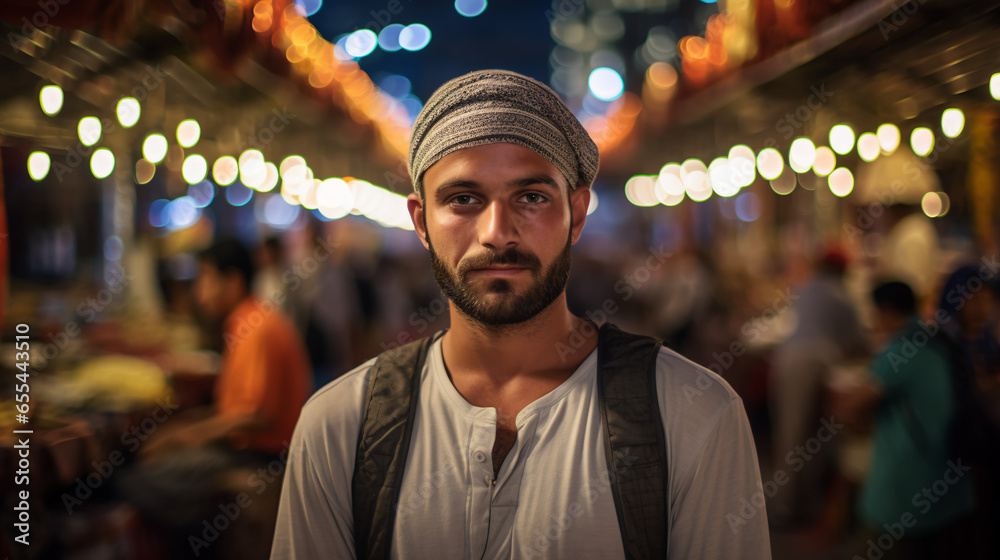 Fototapeta premium a man enjoys an evening stroll through a city's bustling market, his curious expression and the variety of goods around him capturing the vibrant atmosphere 