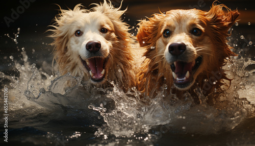 Wet dog playing in water, cute puppy splashing with joy generated by AI © Gstudio