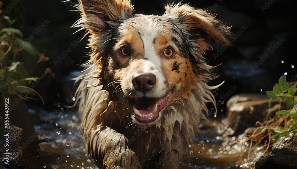 Cute puppy playing in water, looking at camera with obedience generated by AI
