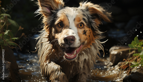 Cute puppy playing in water, looking at camera with obedience generated by AI © Gstudio