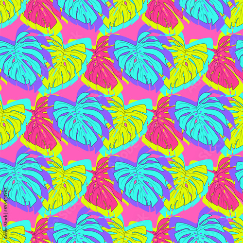 Colorful composition of monstera leaves. Seamless vector pattern.