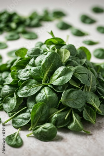 A vibrant pile of fresh spinach leaves on a wooden table