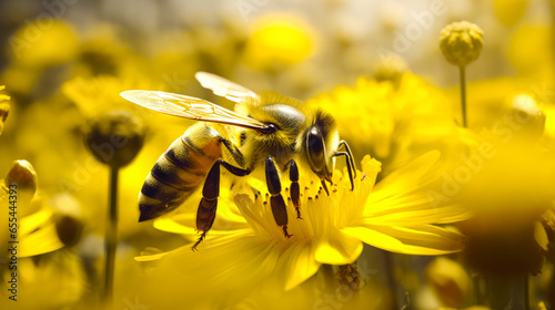 Bee on a Yellow Flower A Close Up Image of a Pollinating Honeybee photo