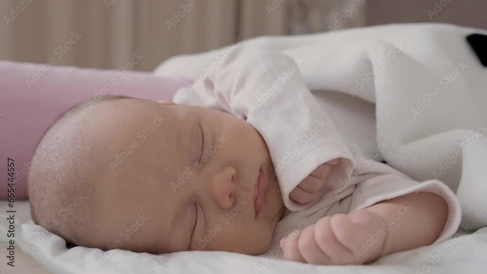 cute little newborn baby girl peacefully sleeps in the nursery on a white cotton bed. selective focus cute little newborn baby girl peacefully sleeps in the nursery on a white cotton bed. selective focus