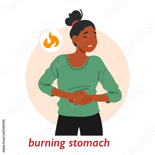 Woman Experiencing Stomach Discomfort, Symptom Of Gastritis, Female Character with Burning Sensation Vector Illustration