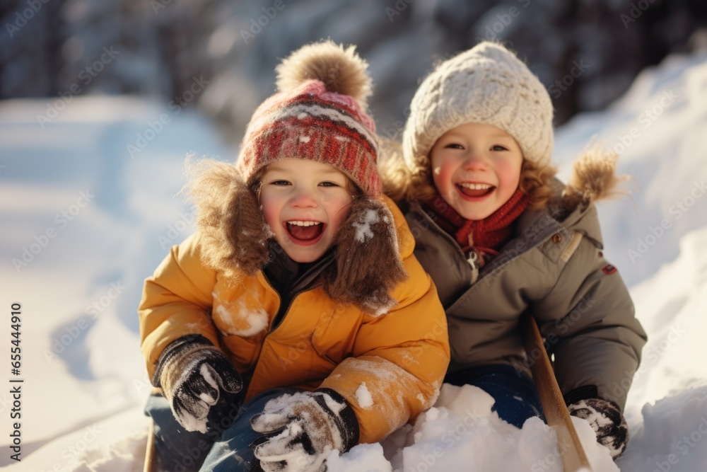 Kids winter vacation time in winter, carefree childhood, happy time , having fun in the snow, sledding, sculpting a snowman, playing in nature, joy and fun , children spend time together .