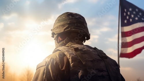 US Army soldier with the national flag of America. Greeting card for Military Veterans Day, Memorial Day, Independence Day. America's holiday.