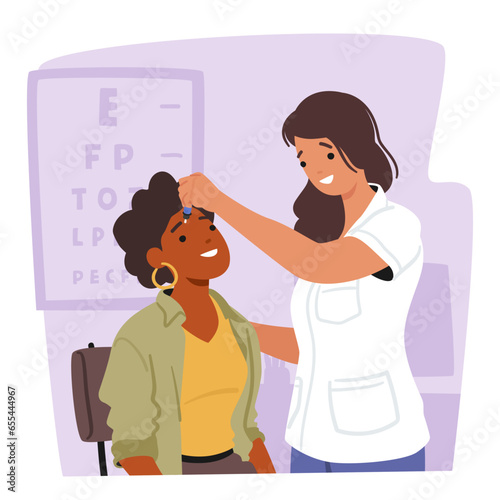 Doctor Female Character Dripping Drops in Patient Eye Suffering of DES, Dry Eyes Syndrome and Conjunctivitis Disease