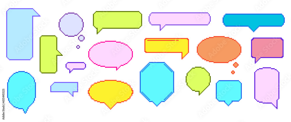 Vibrant Pixel Speech Bubble Set That Adds Retro Charm To Your Messages. Playful, 8 Bit Pixelated Speak Clouds or Boxes Vibrant Pixel Speech Bubble Set That Adds Retro Charm To Your Messages. Playful, 8 Bit Pixelated Speak Clouds or Boxes
