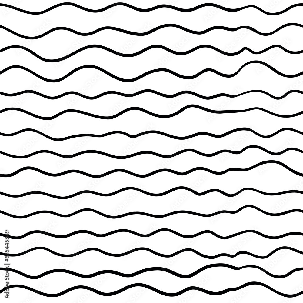 Uneven Lines, Waves. Hand Drawn Seamless Pattern. Vector Ink Texture.  Zentangle. Black and white doodle.