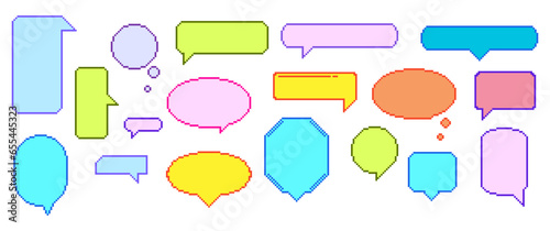 Vibrant Pixel Speech Bubble Set That Adds Retro Charm To Your Messages. Playful, 8 Bit Pixelated Speak Clouds or Boxes