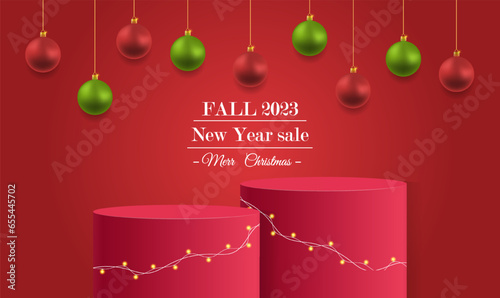 Christmas and new year 3D scene, Merry Christmas sale promotion poster banner. Holiday poster, web banner. Christmas, New Year