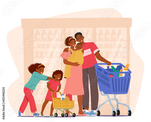 Family Characters Navigate Bustling Aisle, Children Clutching Groceries And Parents with Baby on Hands and Shopping Cart