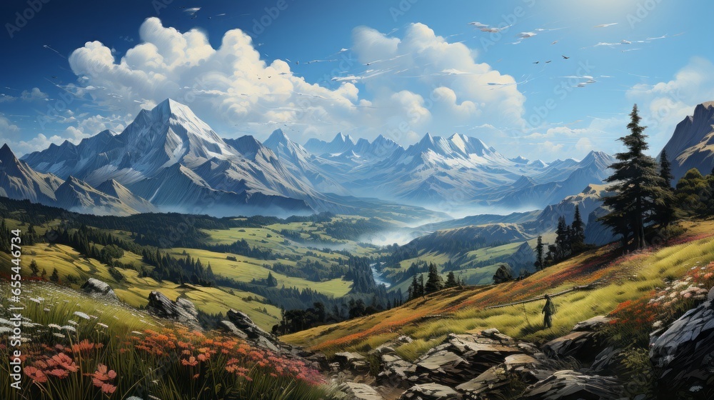 Captivating Alpine Vistas: Majestic Peaks, Endless Skies, and Serene Landscapes Await in Nature's Wonderland, generative AI