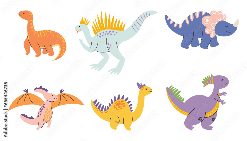 Whimsical Set Of Cartoon Dinosaur Characters, Perfect For Adding A Prehistoric Charm To Projects. Dino Personages