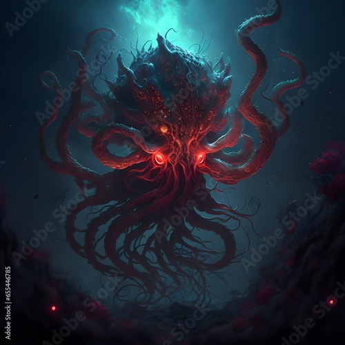 an eldritch abomination with tentacles covered in thorns Deep dark ocean Glowing red eyes Scary and ominous Ominous lighting Octane render  photo