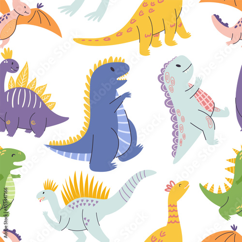 Seamless Pattern Featuring Adorable Cartoon Dinosaurs In Vibrant Colors  Perfect For Adding Playful Charm