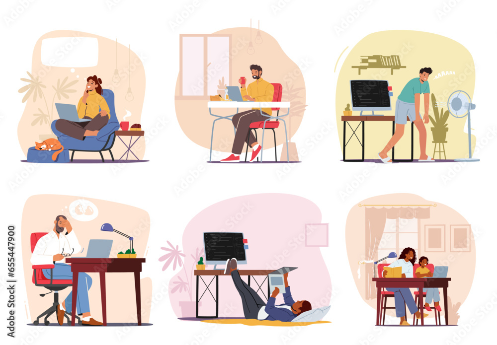 Set Of Characters Engrossed In Their Computers. People Immersed In Digital World. Men And Women Typing, Vector