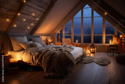 Tranquil Bedroom with Soft Lighting and Inviting Bed