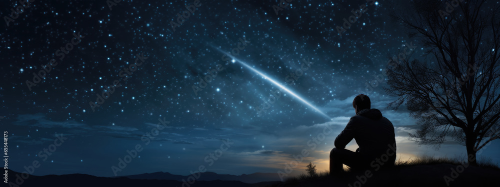 Male astronomer looks at the night sky through a telescope Male astronomer looks at the night sky through a telescope