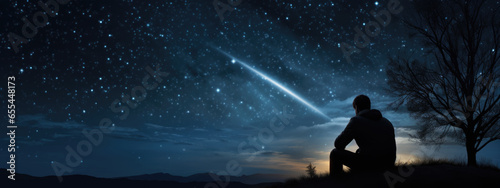 Valokuva Male astronomer looks at the night sky through a telescope