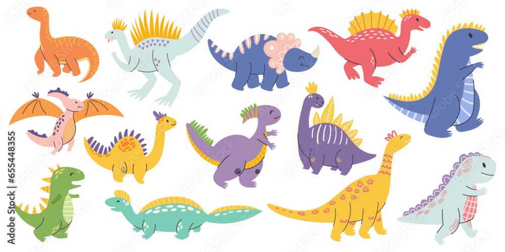 Delightful Set Of Charming Cartoon Dino Characters, Each With Its Unique Personality And Vibrant Colors, Vector Delightful Set Of Charming Cartoon Dino Characters, Each With Its Unique Personality And Vibrant Colors, Vector