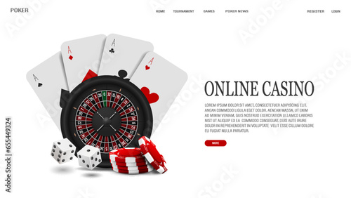 Web banner with black roulette for casino chips and dice for poker and with real cards on a white background.