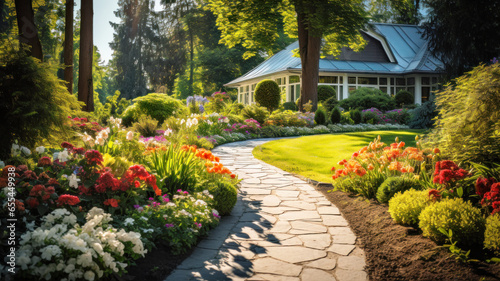 Landscape design of home garden  path in beautiful house backyard